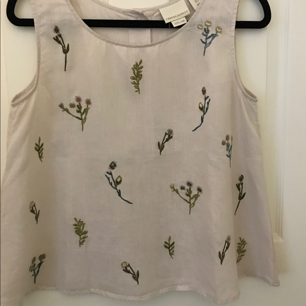 Ivory Sleeveless Summer Top w/ Embroidered Flowers